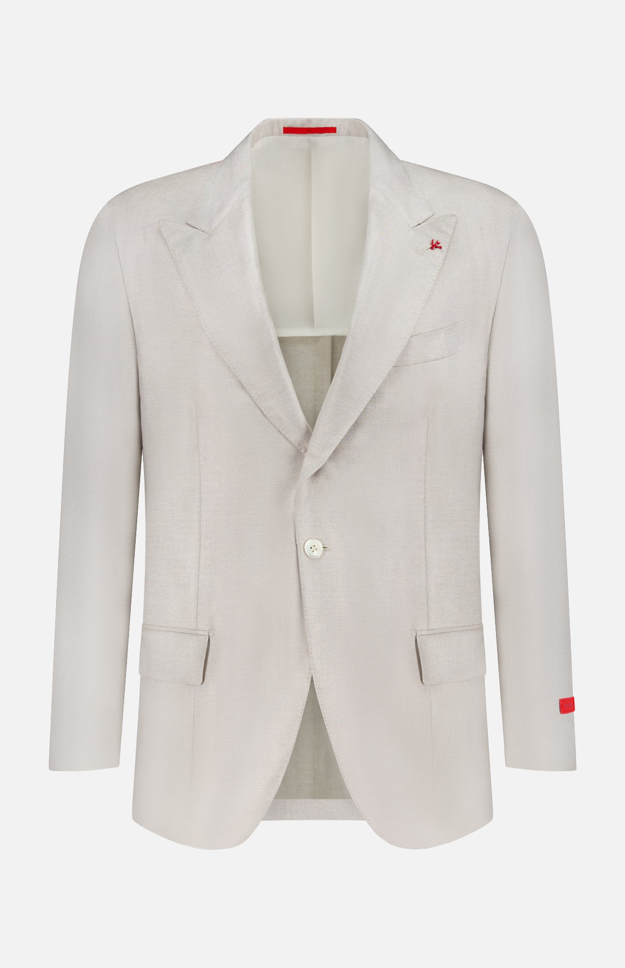 The ISAIA Unito Soft Silk Sportcoat is a light beige, single-breasted blazer with two buttons, notched lapels, flap pockets, and red accents on the left lapel and sleeve. Made in Italy, it’s shown against a white background.