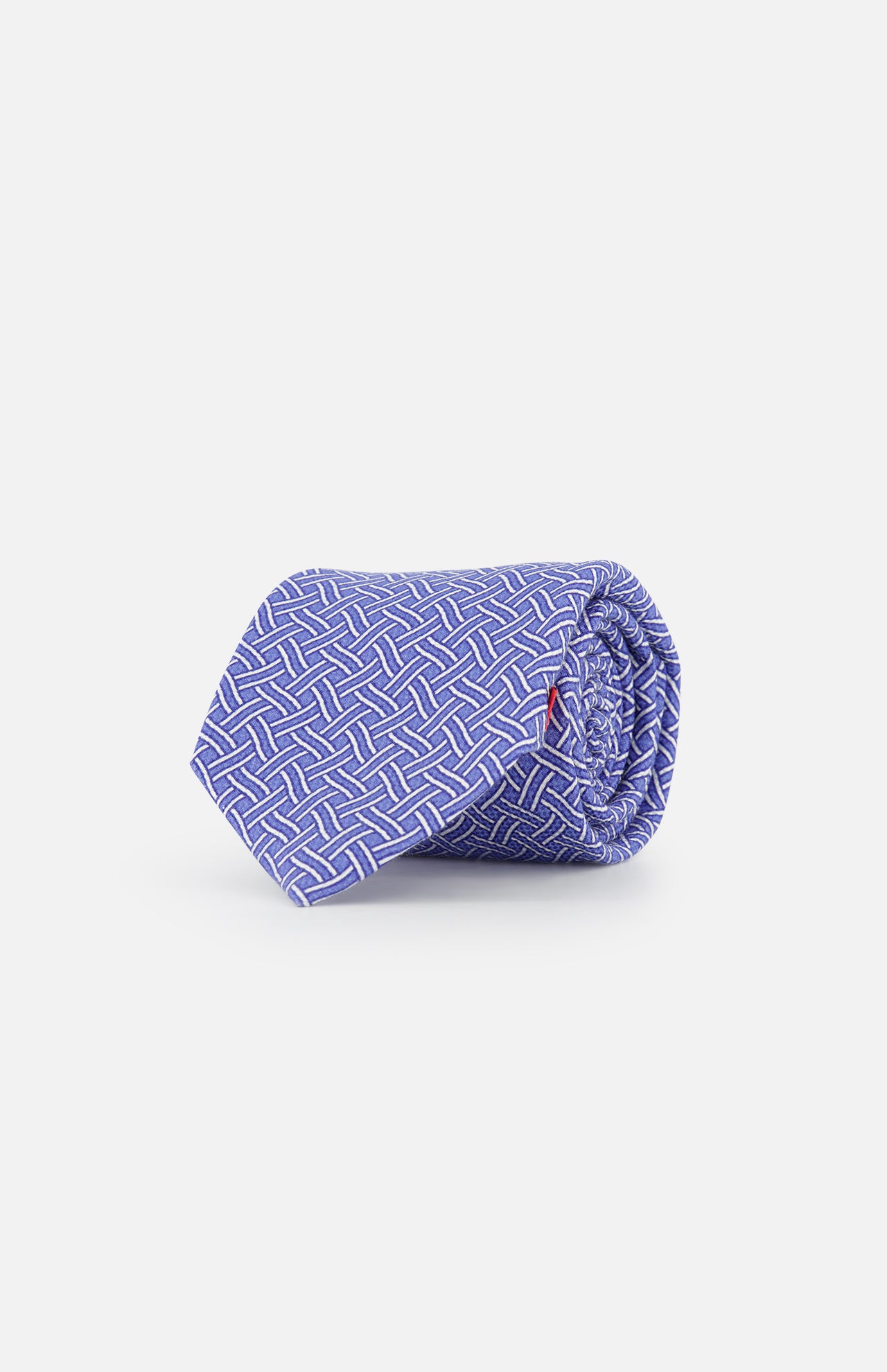 The ISAIA Weave Print Tie is a rolled-up blue necktie with a white geometric pattern, shown against a plain white background.