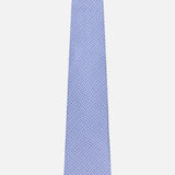 The ISAIA Weave Print Tie showcases a blue geometric pattern with interlocking white lines, presented on a plain white background.