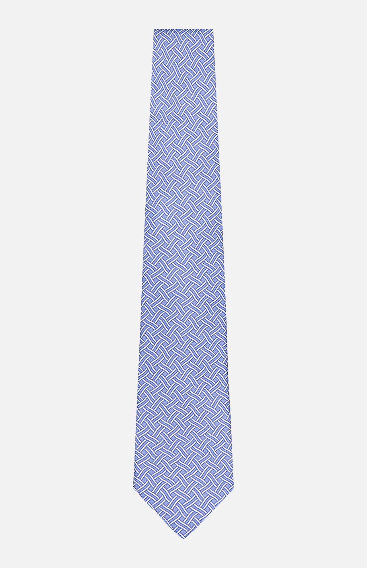 The ISAIA Weave Print Tie showcases a blue geometric pattern with interlocking white lines, presented on a plain white background.