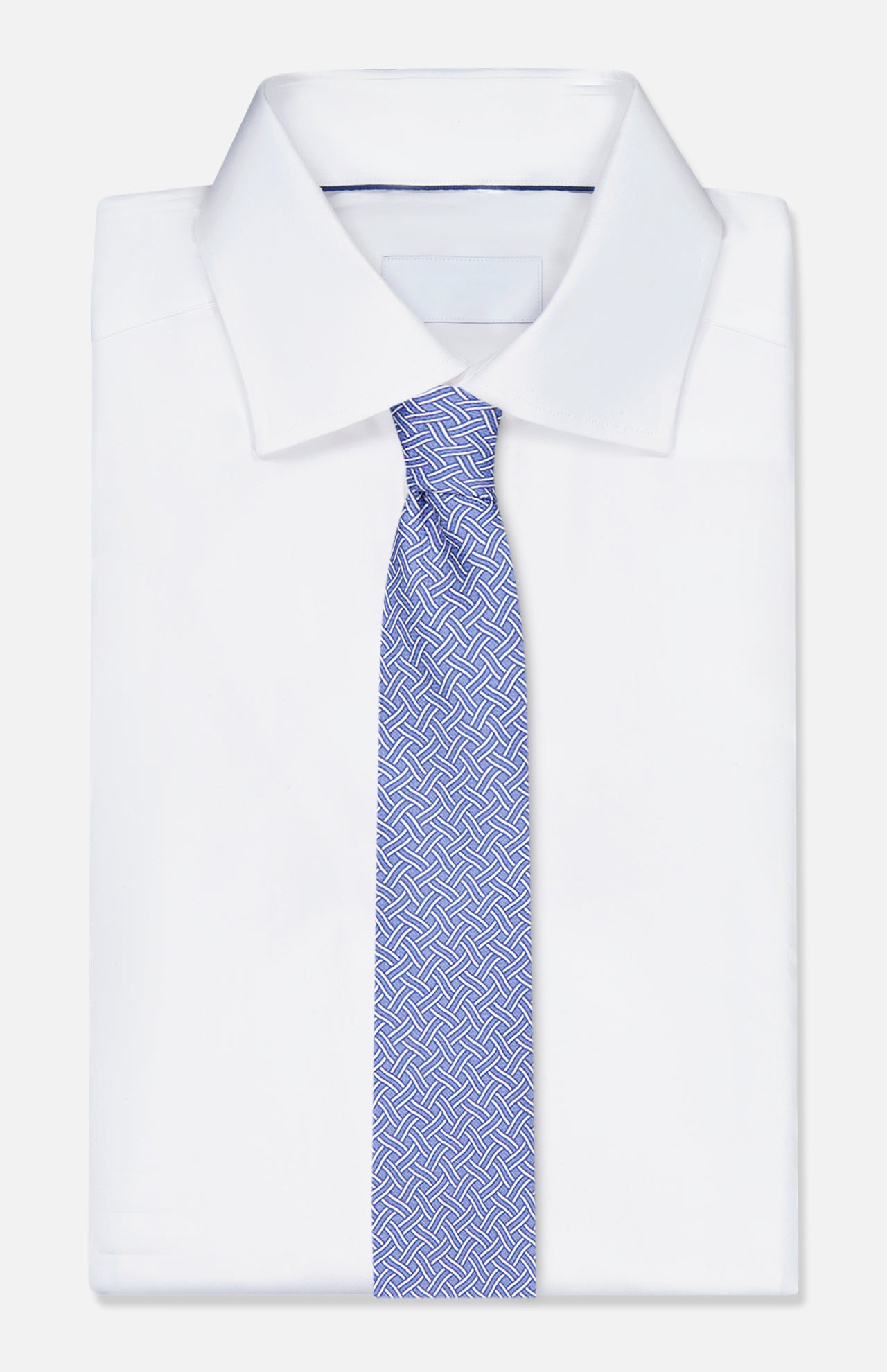 The ISAIA Weave Print Tie is paired with a neatly folded white dress shirt, displayed against a plain white background.