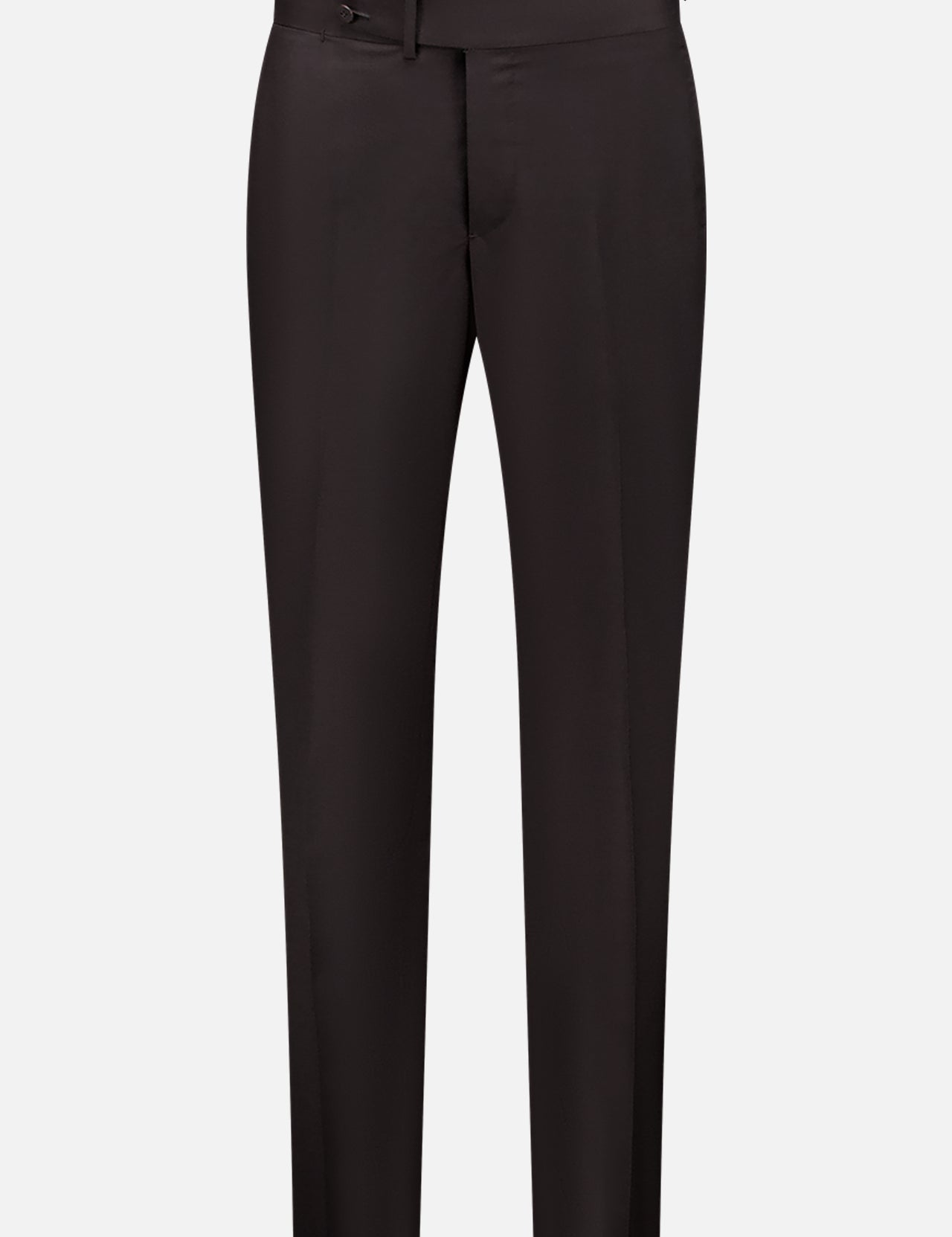 The ISAIA Mohair Wool Trouser features a slim fit, straight legs, button and zipper closure, and belt loops. Made in Italy, these tailored black trousers are shown on a plain white background.