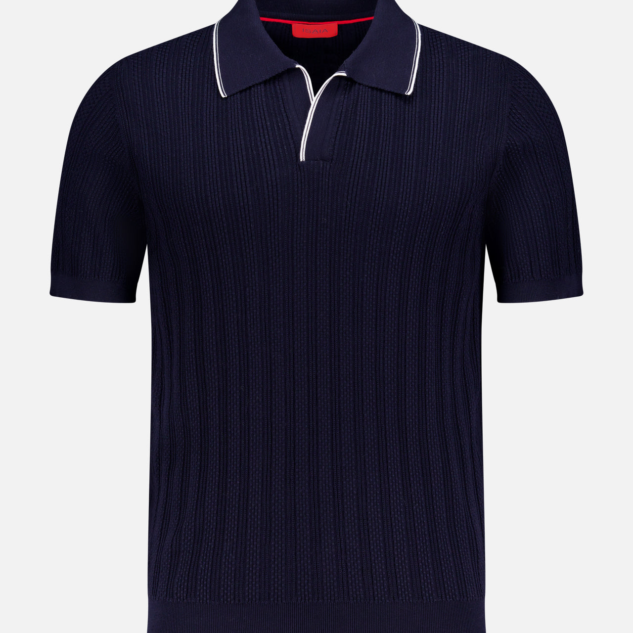 ISAIA Open Collar Polo Shirt in navy blue features a textured ribbed pattern, partial button placket, and thin white piping on the collar. Made in Italy, shown against a plain white background.