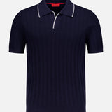 ISAIA Open Collar Polo Shirt in navy blue features a textured ribbed pattern, partial button placket, and thin white piping on the collar. Made in Italy, shown against a plain white background.