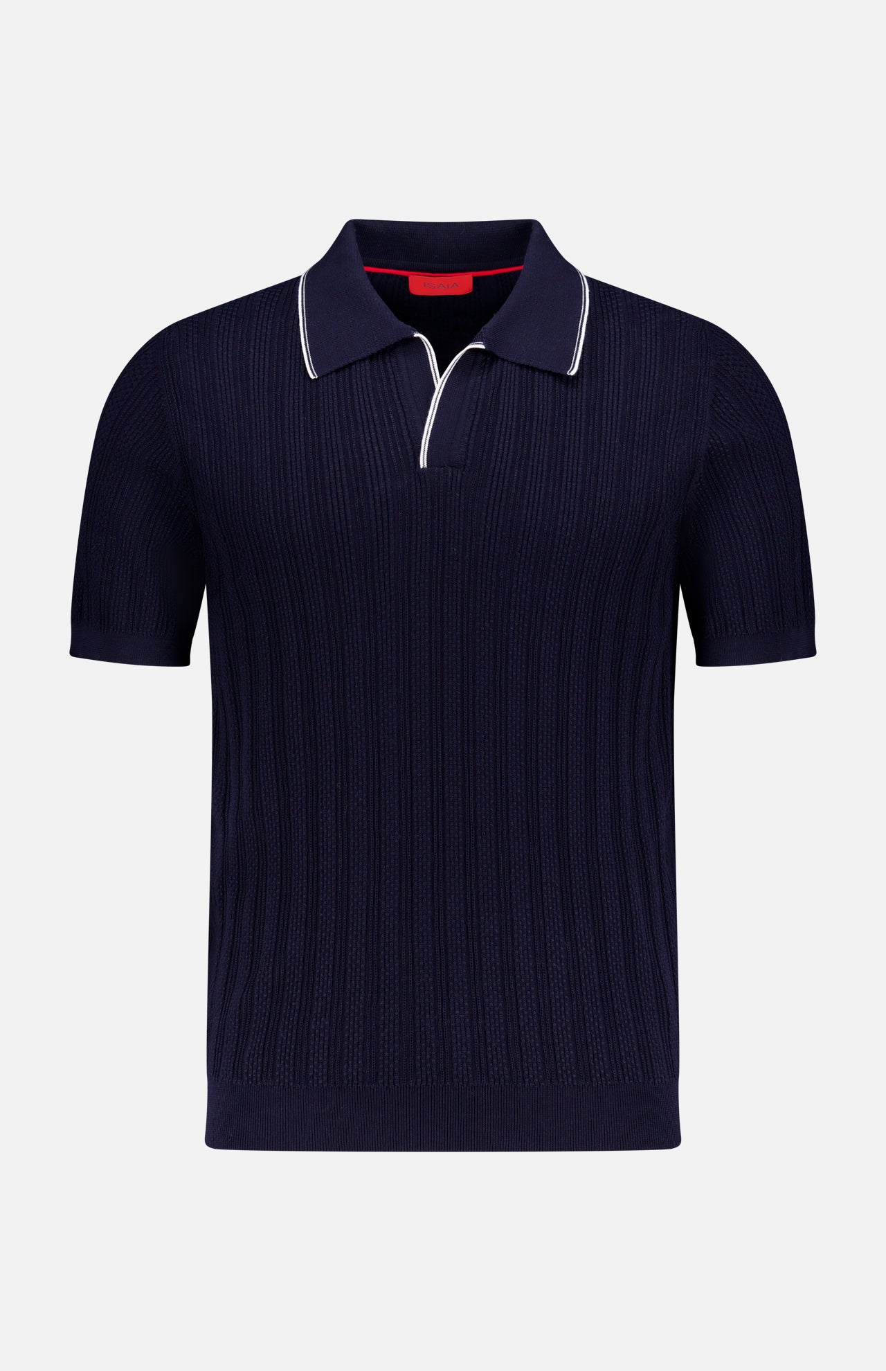 ISAIA Open Collar Polo Shirt in navy blue features a textured ribbed pattern, partial button placket, and thin white piping on the collar. Made in Italy, shown against a plain white background.