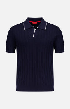 ISAIA Open Collar Polo Shirt in navy blue features a textured ribbed pattern, partial button placket, and thin white piping on the collar. Made in Italy, shown against a plain white background.