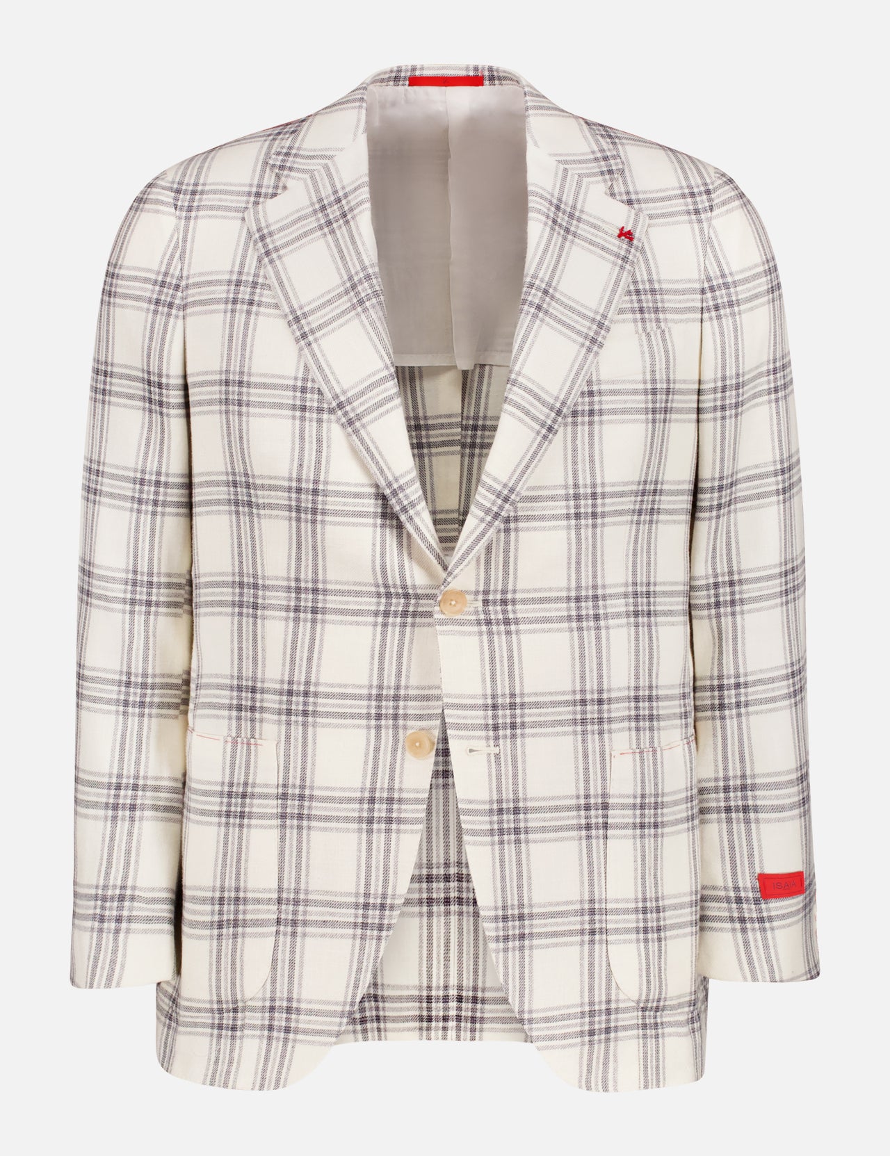 The ISAIA Large Check Wool and Silk Sportcoat features a cream and grey check pattern, notched lapels, two front buttons, and red accents on the left sleeve and lapel. This Italian blazer is shown against a plain white background.