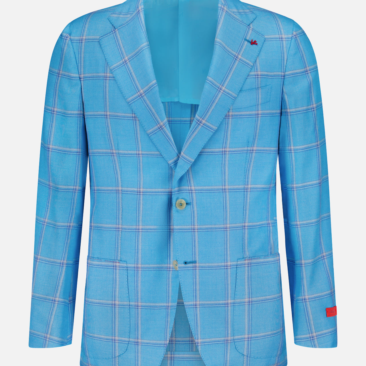 The ISAIA Over Check Top Cashsilk Sportcoat is a light blue blazer with pink and white windowpane checks, notch lapels, two front buttons, a red sleeve accent, and matching light blue lining. Made in Italy.