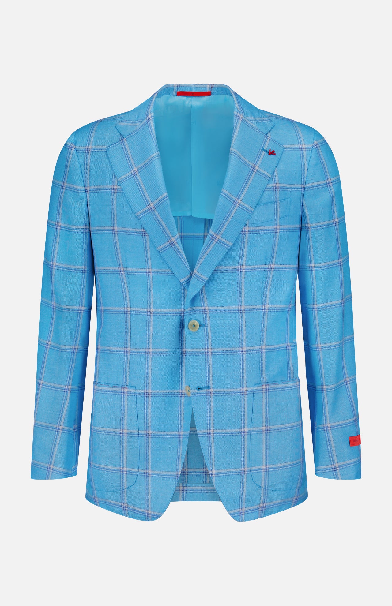 The ISAIA Over Check Top Cashsilk Sportcoat is a light blue blazer with pink and white windowpane checks, notch lapels, two front buttons, a red sleeve accent, and matching light blue lining. Made in Italy.