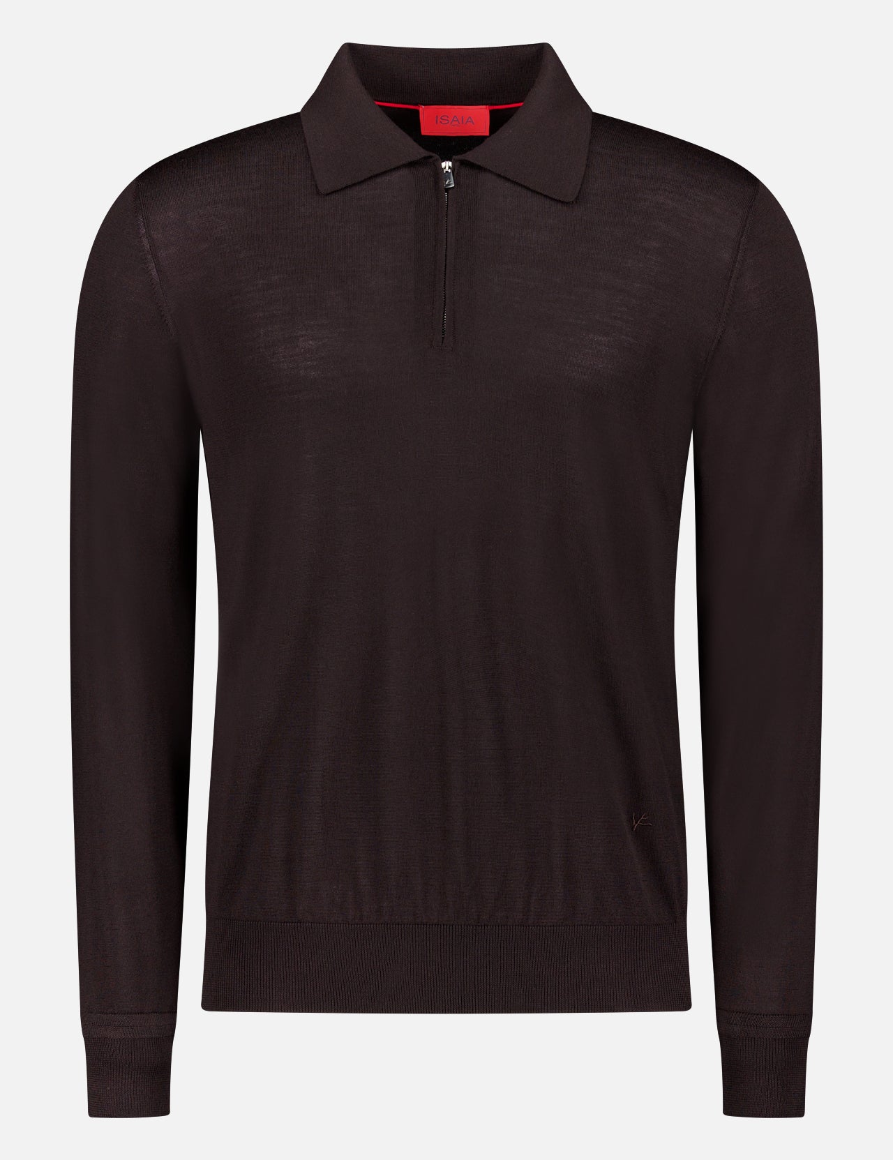 The ISAIA Polo 1/4 Zip Knit Sweater in dark brown wool features a half zip-up collar, ribbed hem, and cuffs, shown on a plain white background.