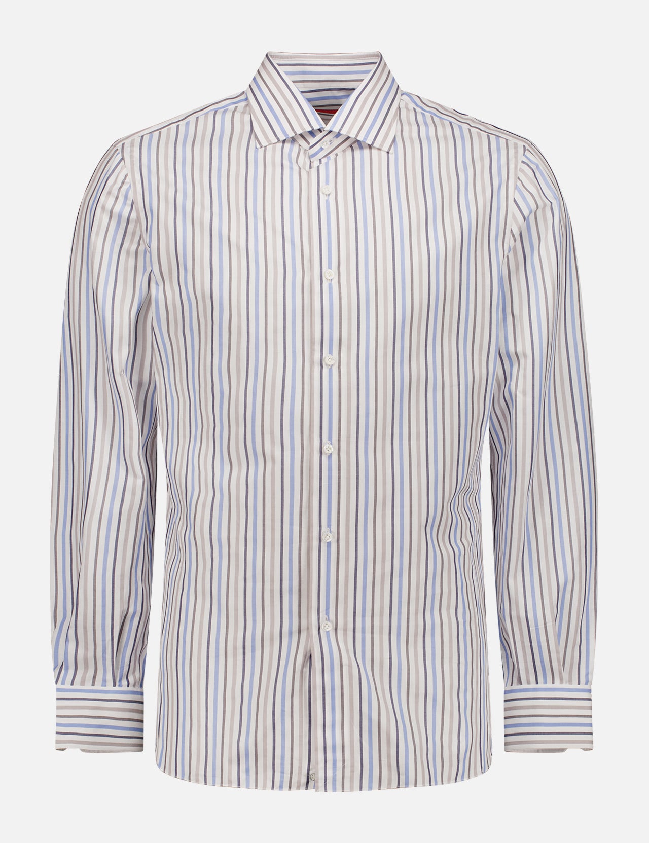 The ISAIA Righe Colorati Shirt is a long-sleeve, collared cotton shirt with vertical blue, brown, and white stripes on a light background. Made in Italy for refined style and quality.