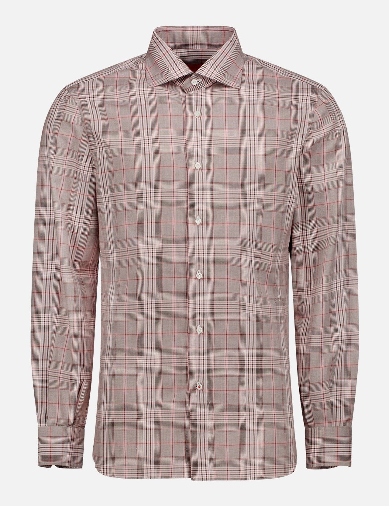 The ISAIA Sartorial Glencheck Shirt is a men's long-sleeve dress shirt with a red, gray, and white plaid pattern in easy-care cotton, featuring a collar and buttoned cuffs, shown against a plain white background.
