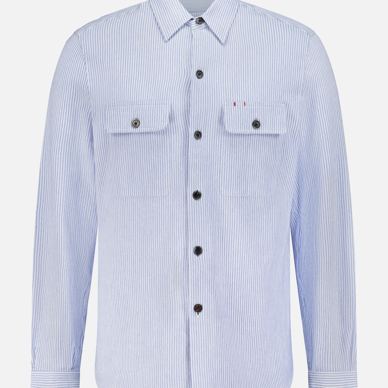 The ISAIA Seersucker Effect Jersey Overshirt in light blue stripes is perfect for capturing a nautical Italian summer vibe.