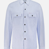 The ISAIA Seersucker Effect Jersey Overshirt in light blue stripes is perfect for capturing a nautical Italian summer vibe.