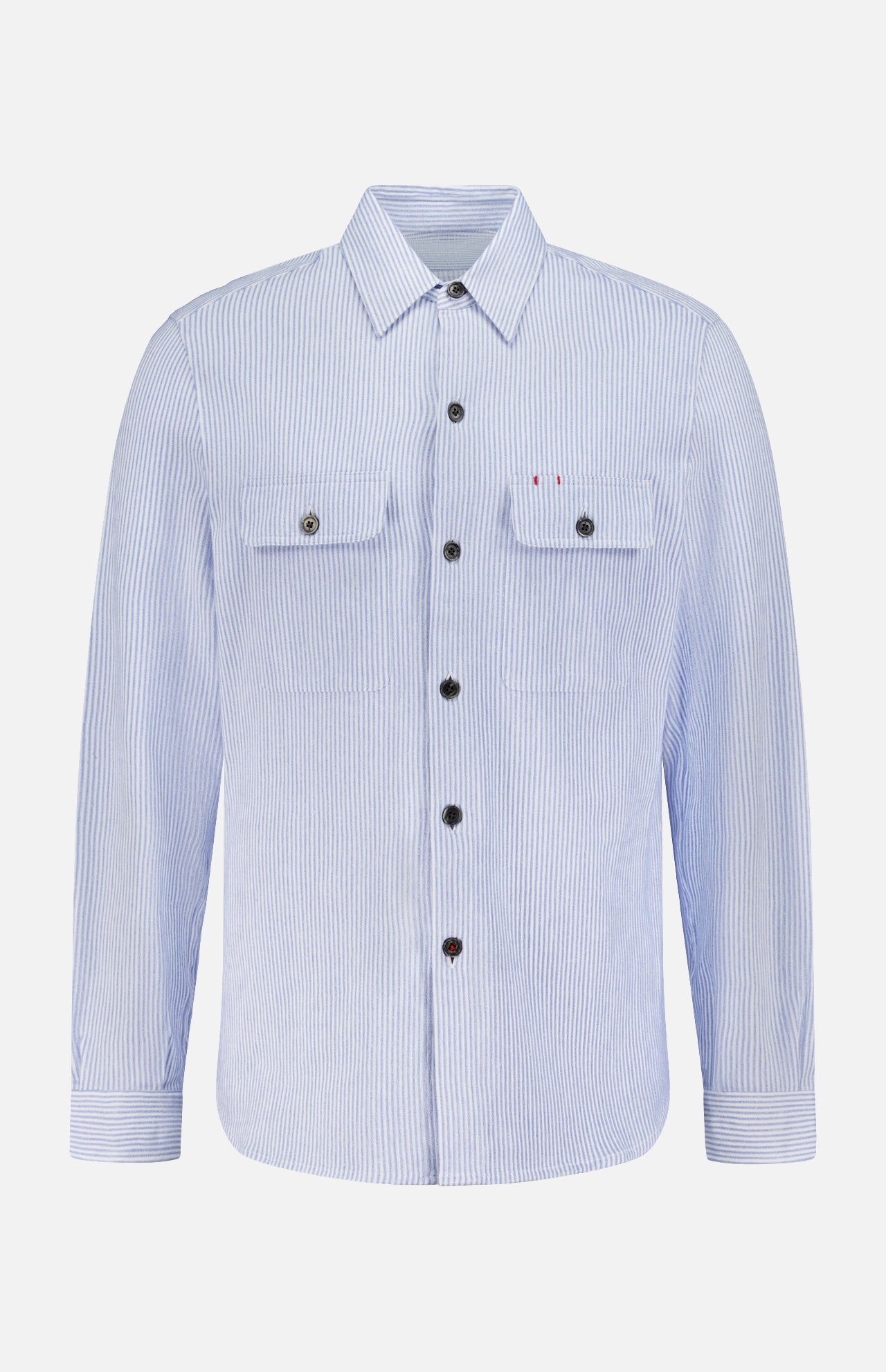 The ISAIA Seersucker Effect Jersey Overshirt in light blue stripes is perfect for capturing a nautical Italian summer vibe.