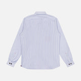 The ISAIA Seersucker Effect Jersey Overshirt features light blue and white stripes, buttoned cuffs, and a straight hem for a nautical summer vibe. Shown from the back against a plain white background.