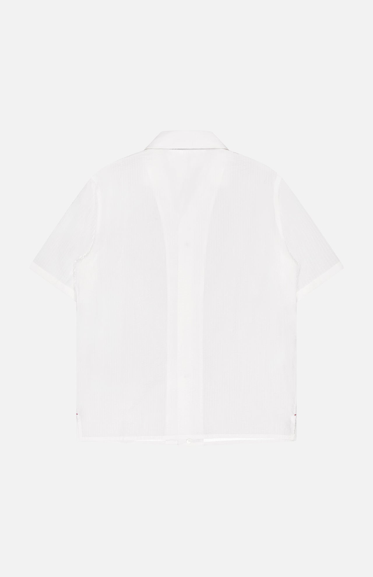 A back view of the ISAIA Seersucker Short Sleeve Camp Shirt for men in white, laid flat on a plain light gray background.