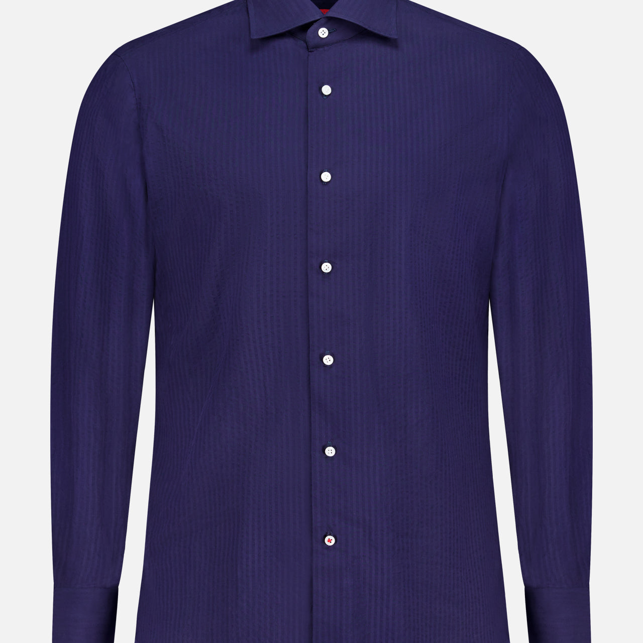 The ISAIA Seersucker Long Sleeve Shirt is a navy button-up with a classic collar, white buttons, and a subtle textured pattern, shown against a plain white background.