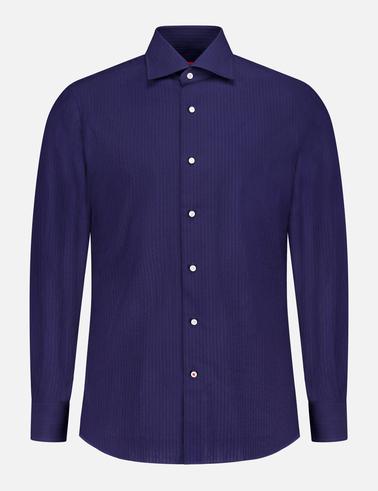 The ISAIA Seersucker Long Sleeve Shirt is a navy button-up with a classic collar, white buttons, and a subtle textured pattern, shown against a plain white background.