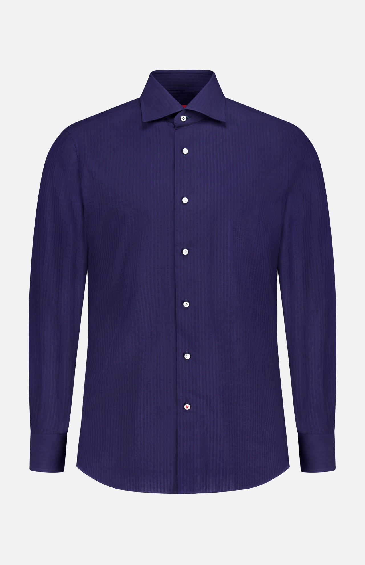 The ISAIA Seersucker Long Sleeve Shirt is a navy button-up with a classic collar, white buttons, and a subtle textured pattern, shown against a plain white background.