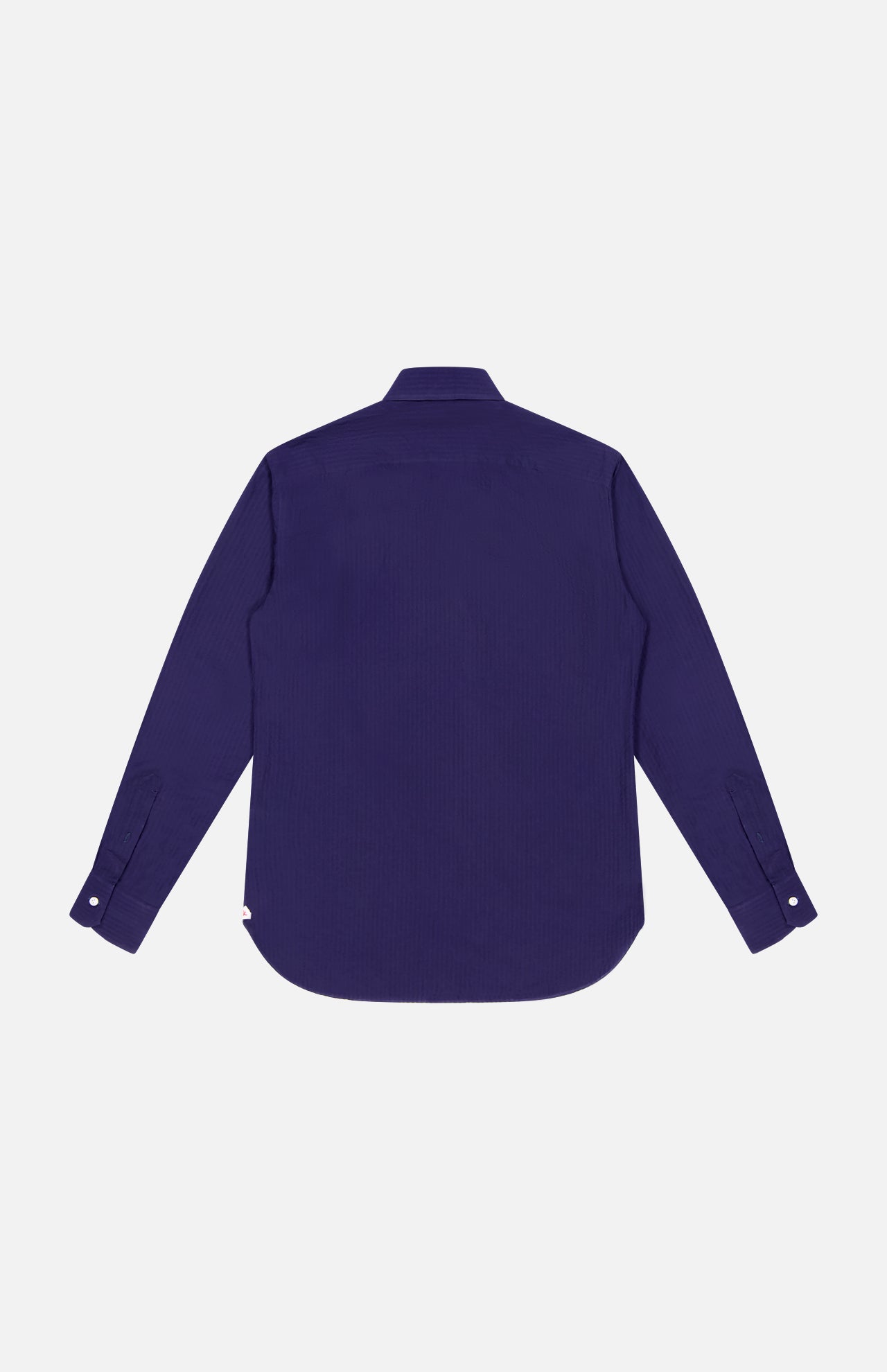 The ISAIA Seersucker Long Sleeve Shirt, crafted from lightweight cotton in solid navy blue, is shown from the back on a plain white background.