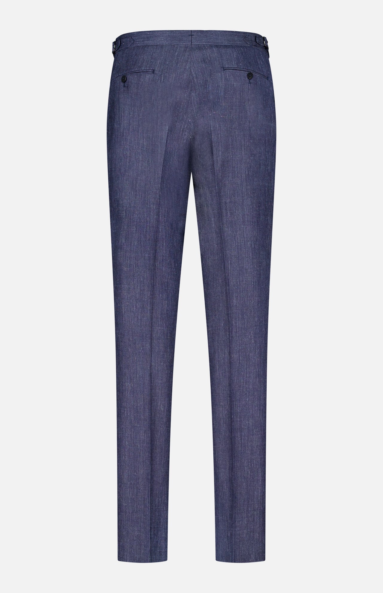 Back view of ISAIA Summertime Denim Effect Trouser Pant with buttoned back pockets and adjustable side tabs, shown on a plain white background.