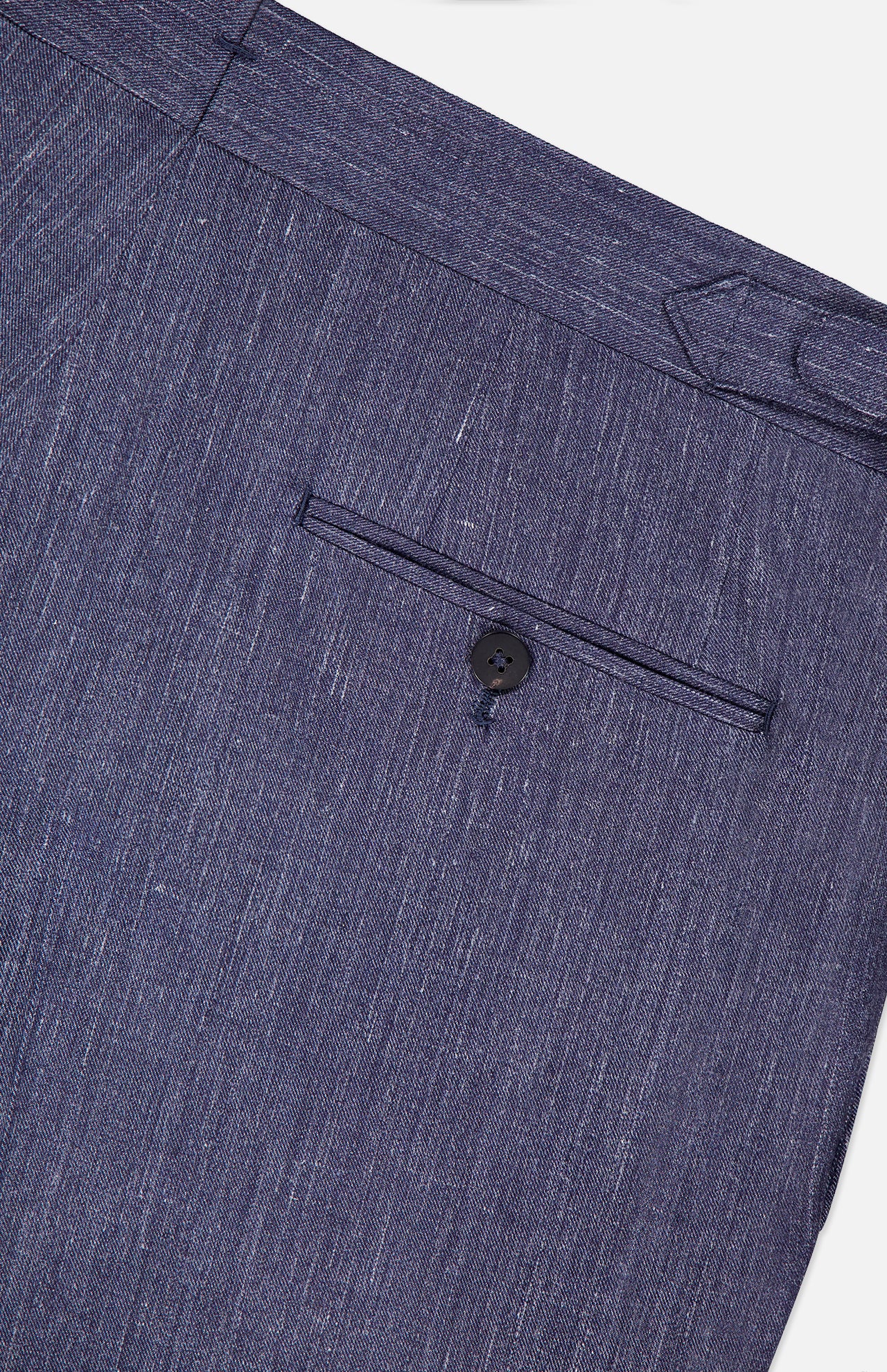 Close-up of the back pocket on ISAIA Summertime Denim Effect Trouser Pant, showing a single black button and a subtle textured, denim-look fabric.