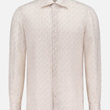 The ISAIA Superlino Print Dress Shirt is a men's long-sleeve, button-up shirt featuring a subtle light beige and white geometric pattern, shown against a plain white background.