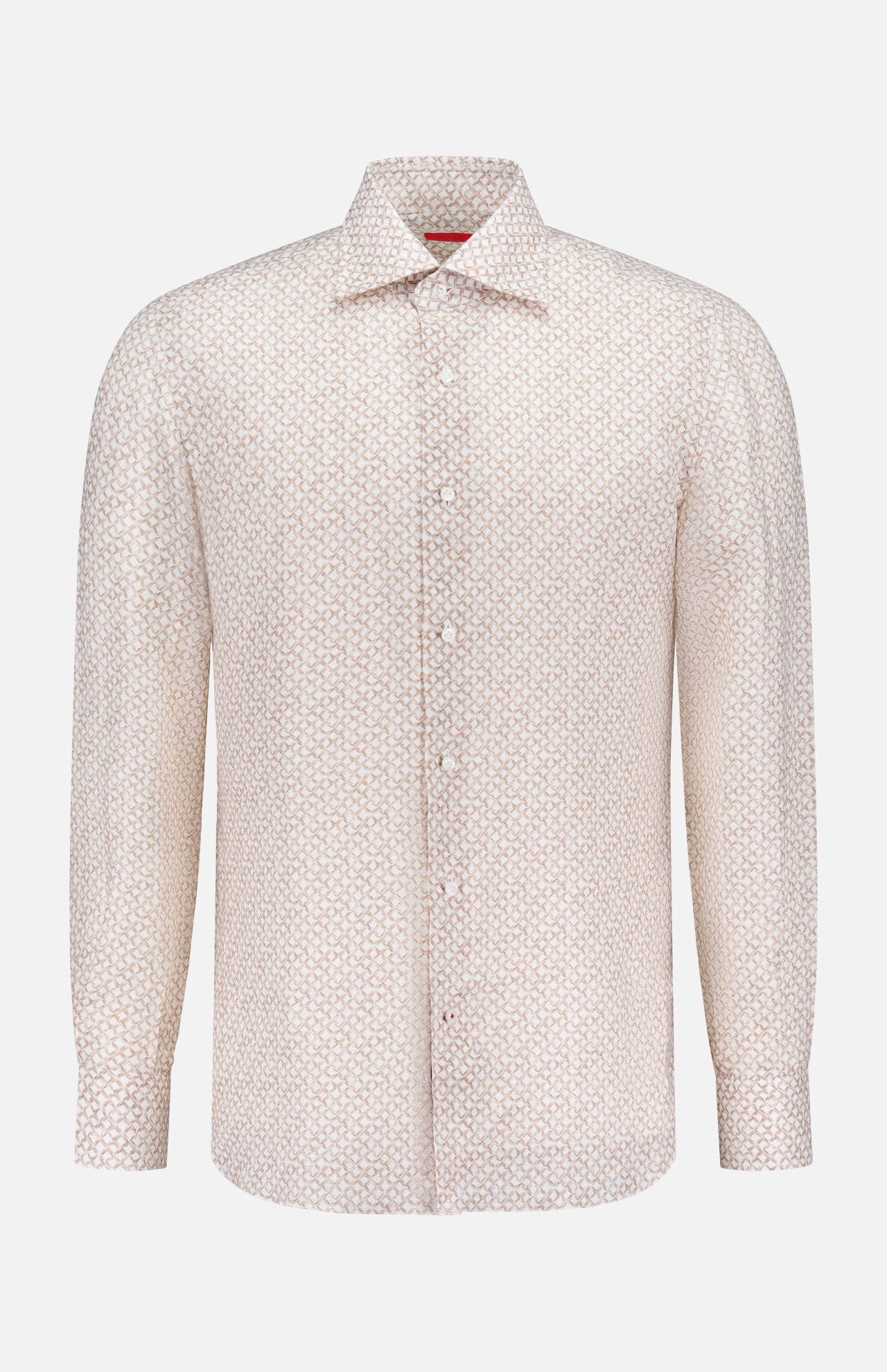The ISAIA Superlino Print Dress Shirt is a men's long-sleeve, button-up shirt featuring a subtle light beige and white geometric pattern, shown against a plain white background.