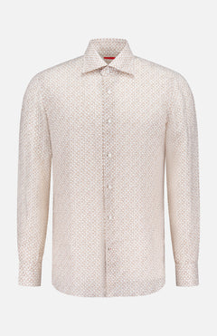 The ISAIA Superlino Print Dress Shirt is a men's long-sleeve, button-up shirt featuring a subtle light beige and white geometric pattern, shown against a plain white background.