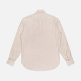 The ISAIA Superlino Print Dress Shirt is a men’s long-sleeve button-up with a subtle beige and white geometric pattern, shown from the back against a plain white background.