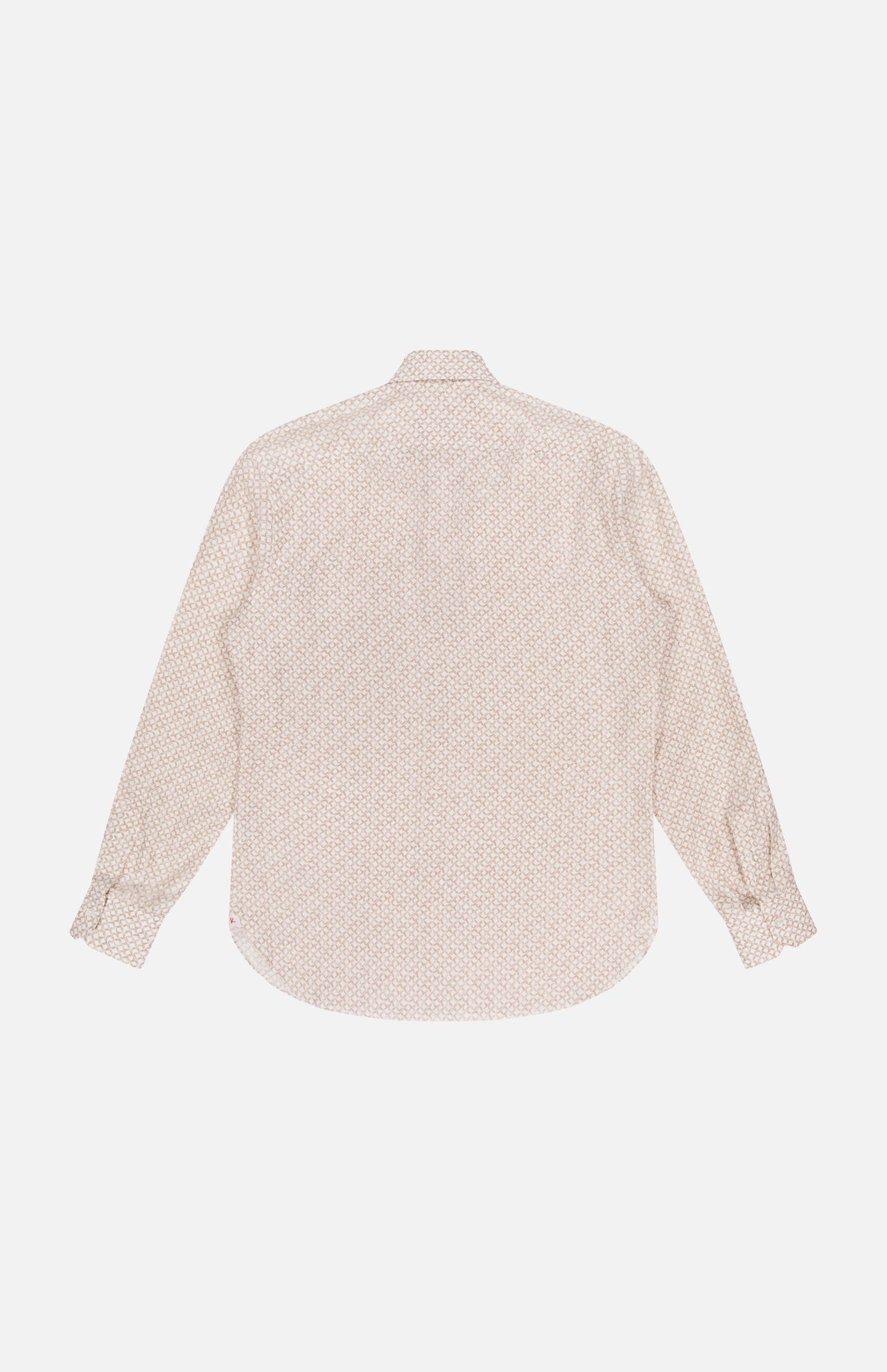 The ISAIA Superlino Print Dress Shirt is a men’s long-sleeve button-up with a subtle beige and white geometric pattern, shown from the back against a plain white background.