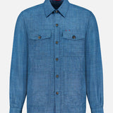 The ISAIA Tela Mat Effect Overshirt is a men's long-sleeve, textured blue overshirt with button-flap chest pockets and a collar, shown against a plain white background.