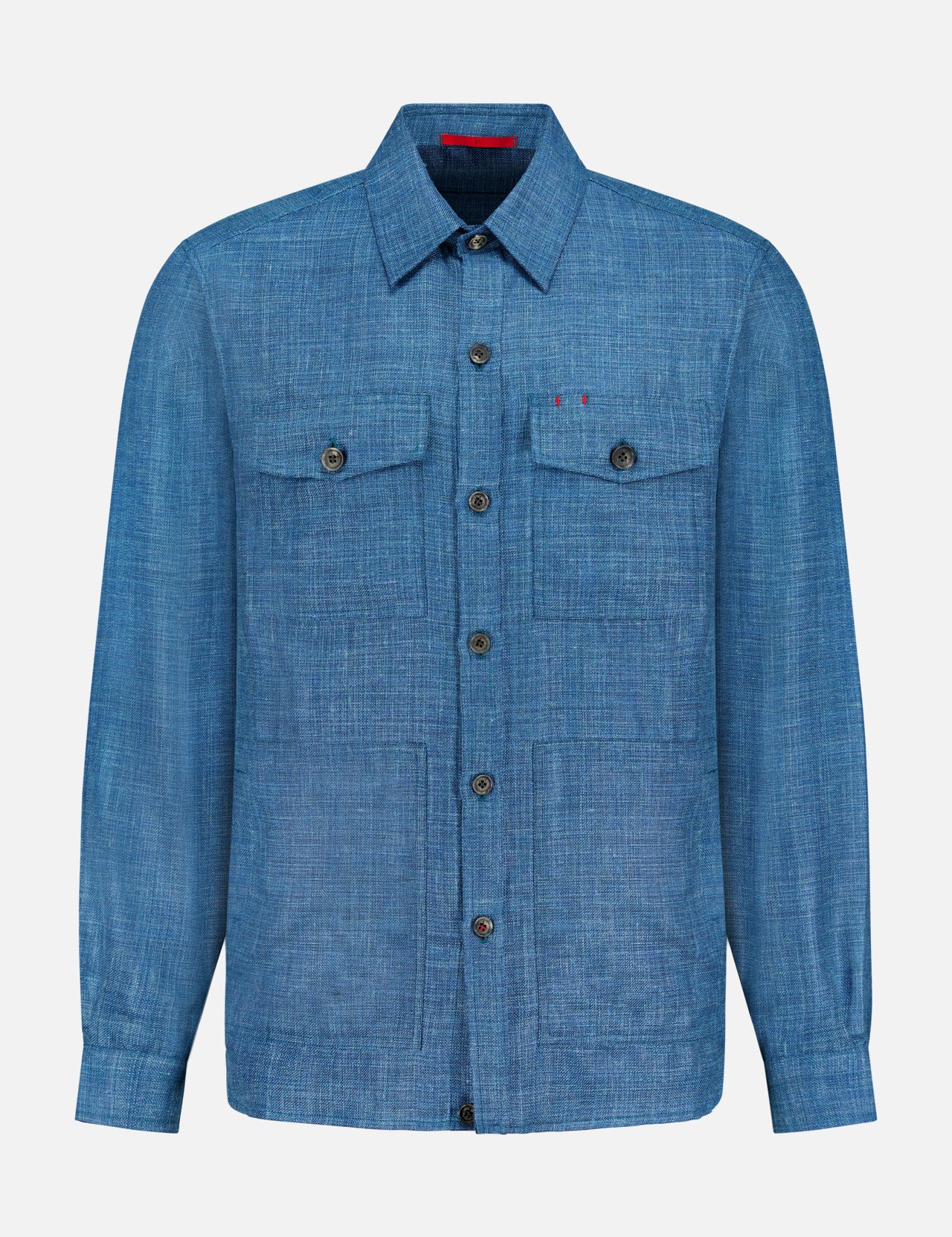 The ISAIA Tela Mat Effect Overshirt is a men's long-sleeve, textured blue overshirt with button-flap chest pockets and a collar, shown against a plain white background.