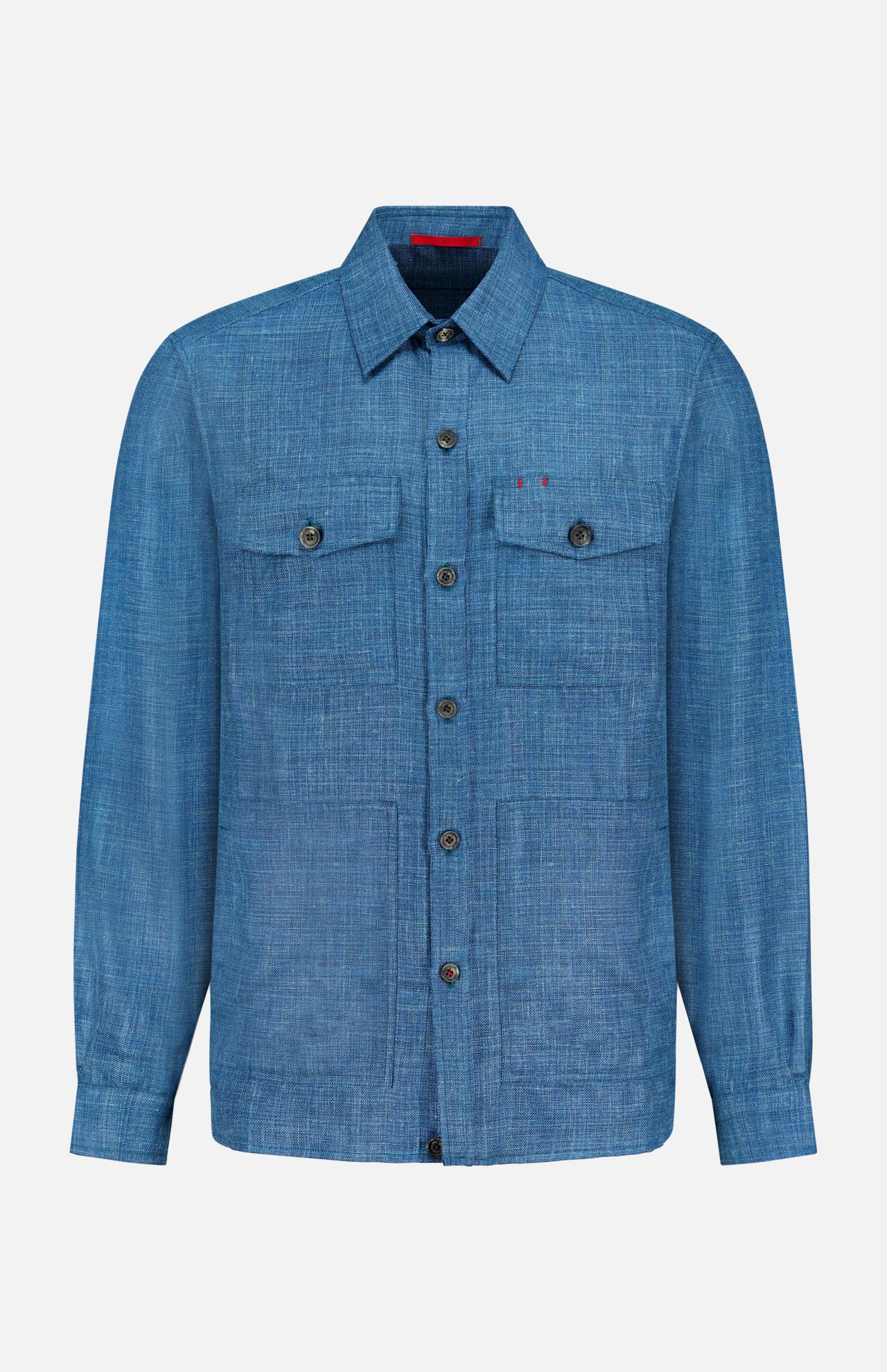 The ISAIA Tela Mat Effect Overshirt is a men's long-sleeve, textured blue overshirt with button-flap chest pockets and a collar, shown against a plain white background.