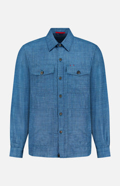 The ISAIA Tela Mat Effect Overshirt is a men's long-sleeve, textured blue overshirt with button-flap chest pockets and a collar, shown against a plain white background.