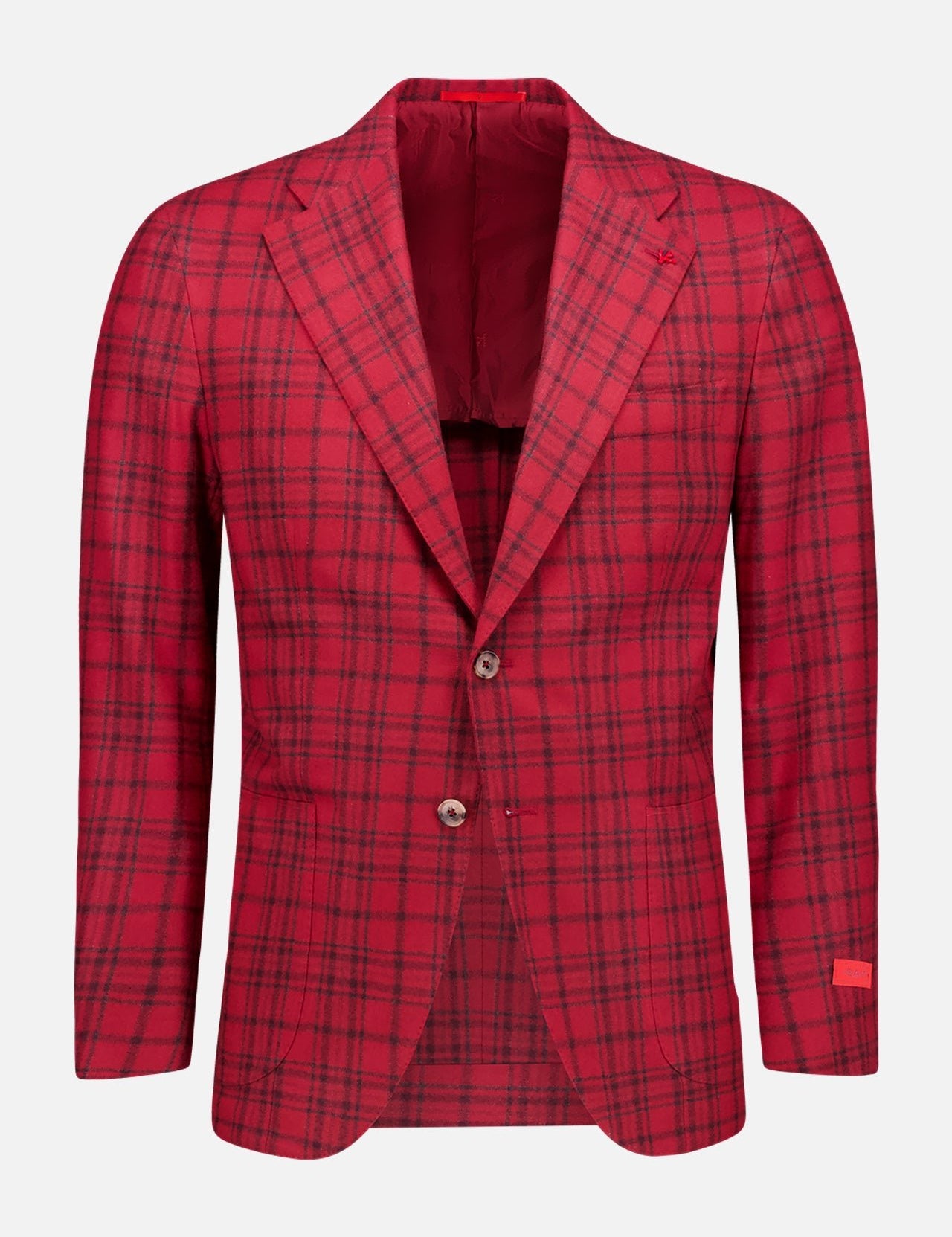 The ISAIA Winter Delain Selection Sportcoat is a red plaid wool-cashmere blazer with a notched lapel, two-button front, long sleeves, classic black check pattern, and a signature single red accent tag on the left sleeve.