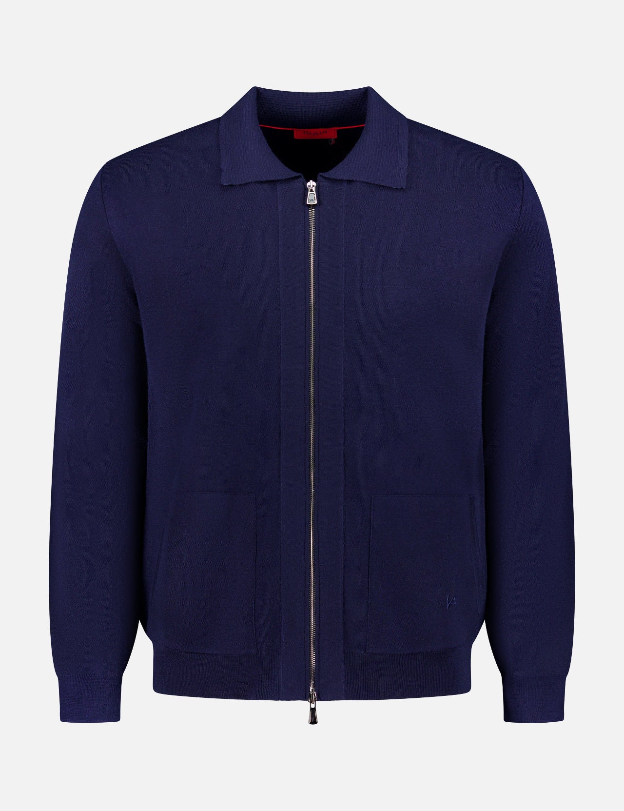 The ISAIA Wool Cashsilk Full Zip Sweater is a navy blue cardigan with Italian craftsmanship, a collar, long sleeves, front pockets, and a sleek minimalist design, shown against a white background.