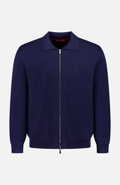 The ISAIA Wool Cashsilk Full Zip Sweater is a navy blue cardigan with Italian craftsmanship, a collar, long sleeves, front pockets, and a sleek minimalist design, shown against a white background.