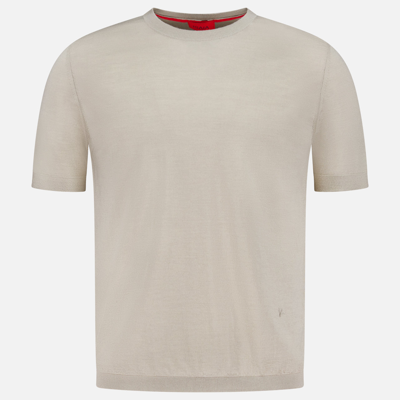 The ISAIA Wool Cashsilk T-Shirt is a short-sleeved beige crew neck, shown on a white background. Made in Italy, it features a subtle red detail inside the collar.