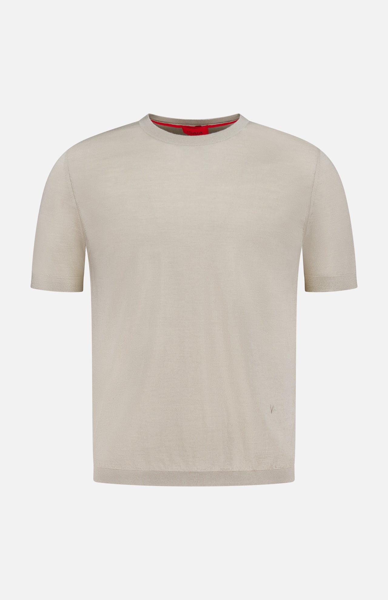 The ISAIA Wool Cashsilk T-Shirt is a short-sleeved beige crew neck, shown on a white background. Made in Italy, it features a subtle red detail inside the collar.