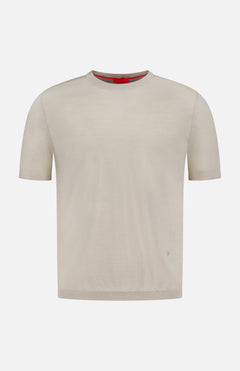 The ISAIA Wool Cashsilk T-Shirt is a short-sleeved beige crew neck, shown on a white background. Made in Italy, it features a subtle red detail inside the collar.