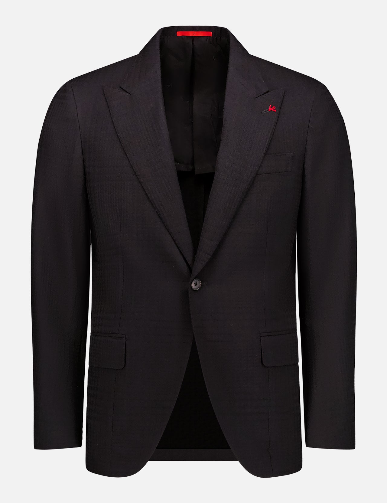 The ISAIA Wool Jacquard Sportcoat features a classic black, single-breasted design with two buttons, notched lapels, flap pockets, and a signature red stitch on the left lapel, shown against a plain white background.