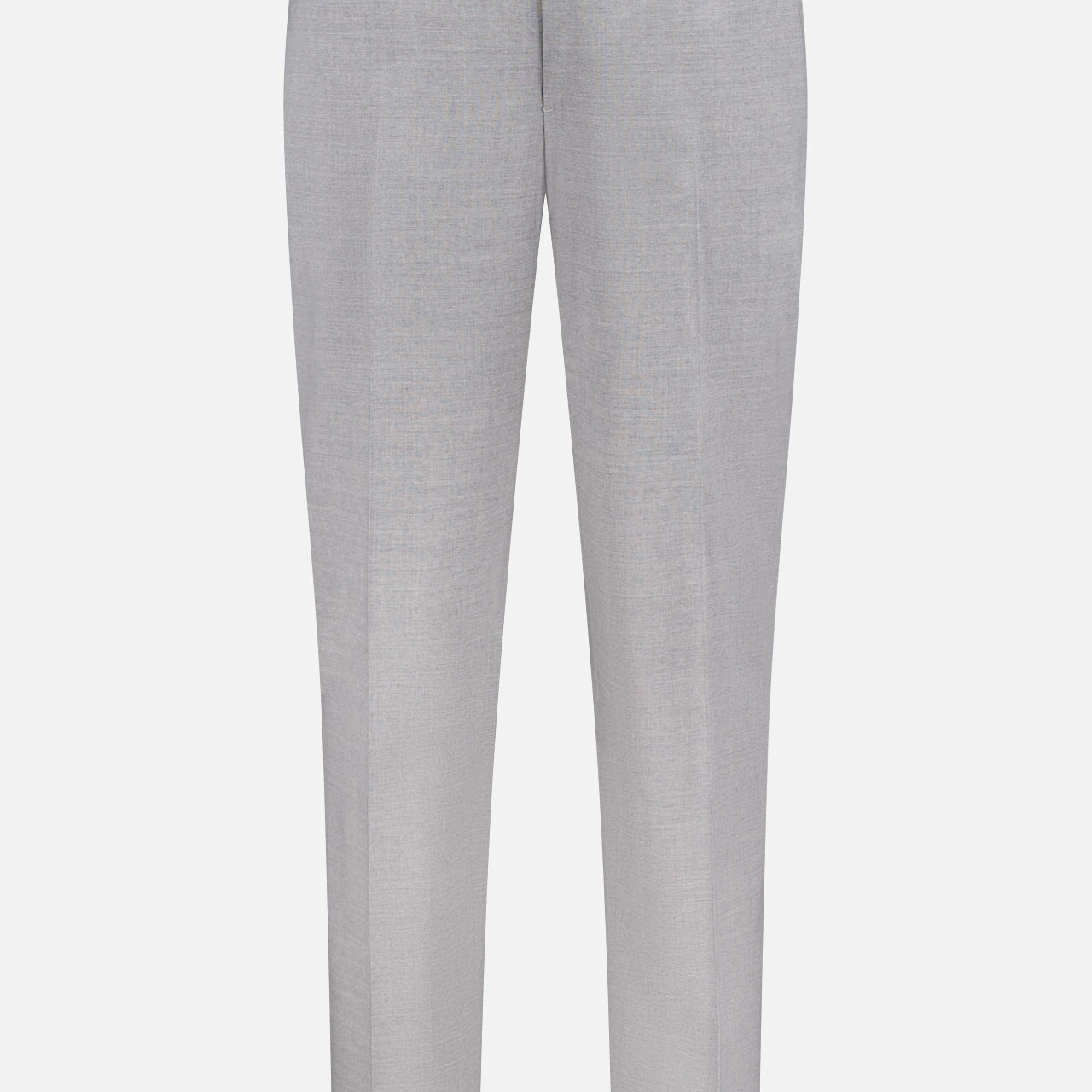 ISAIA Adjustable Tab Wool Trouser Pant—men's light grey, straight-leg dress pants featuring a center crease, belt loops, adjustable side tabs, and button-zip waist closure—displayed against a white background.