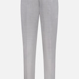 ISAIA Adjustable Tab Wool Trouser Pant—men's light grey, straight-leg dress pants featuring a center crease, belt loops, adjustable side tabs, and button-zip waist closure—displayed against a white background.