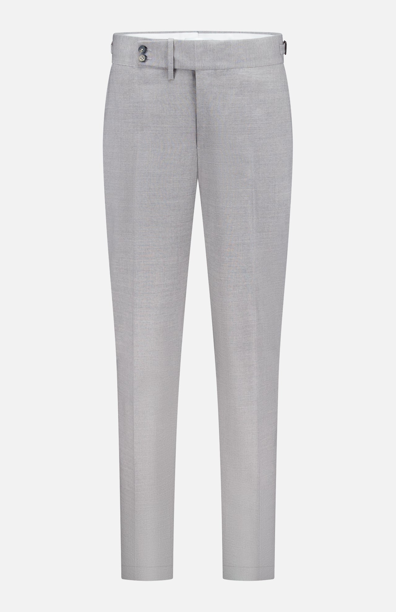 ISAIA Adjustable Tab Wool Trouser Pant—men's light grey, straight-leg dress pants featuring a center crease, belt loops, adjustable side tabs, and button-zip waist closure—displayed against a white background.
