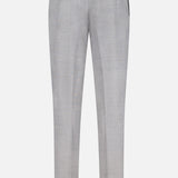 Back view of ISAIA Adjustable Tab Wool Trouser Pant in grey, featuring adjustable side tabs, two buttoned back welt pockets, and a tailored fit.