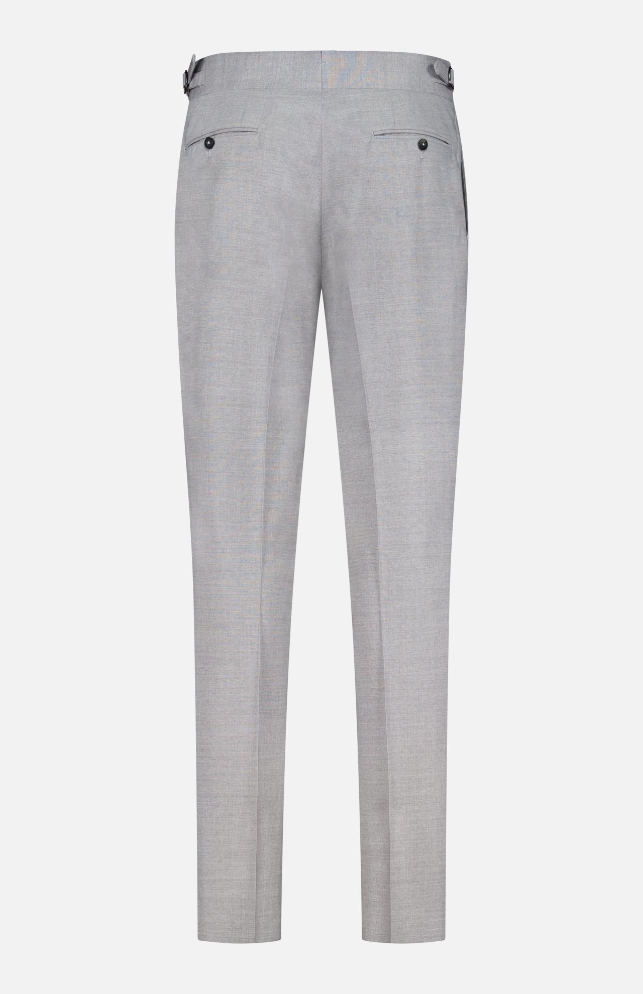 Back view of ISAIA Adjustable Tab Wool Trouser Pant in grey, featuring adjustable side tabs, two buttoned back welt pockets, and a tailored fit.