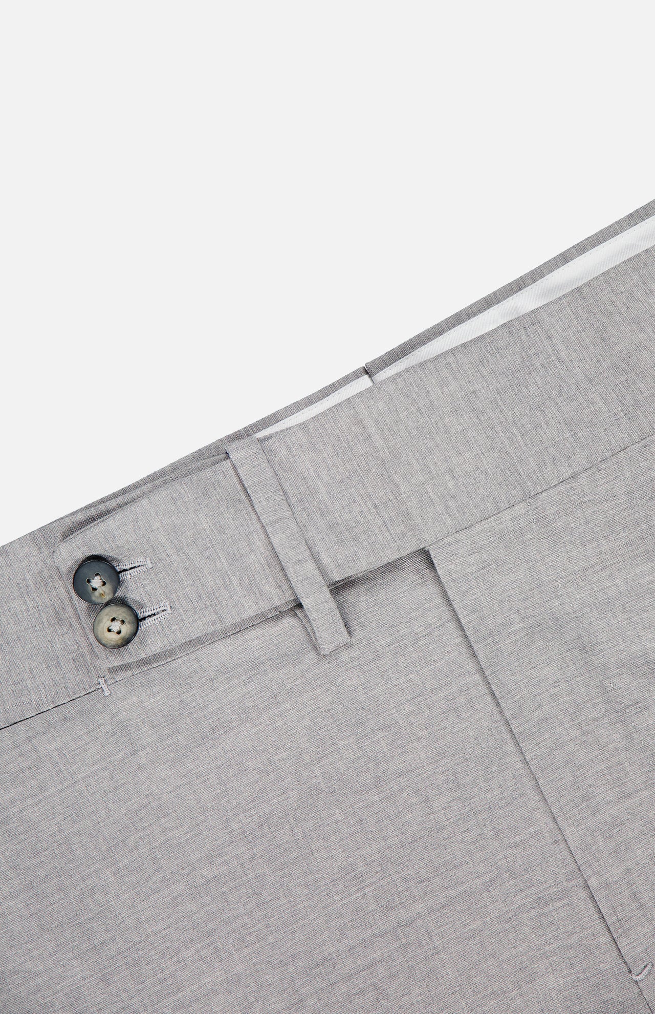 Close-up of ISAIA Adjustable Tab Wool Trouser Pant in light gray, featuring a waistband with two dark buttons, belt loop, and front pocket—classic men's trousers ideal for any occasion.