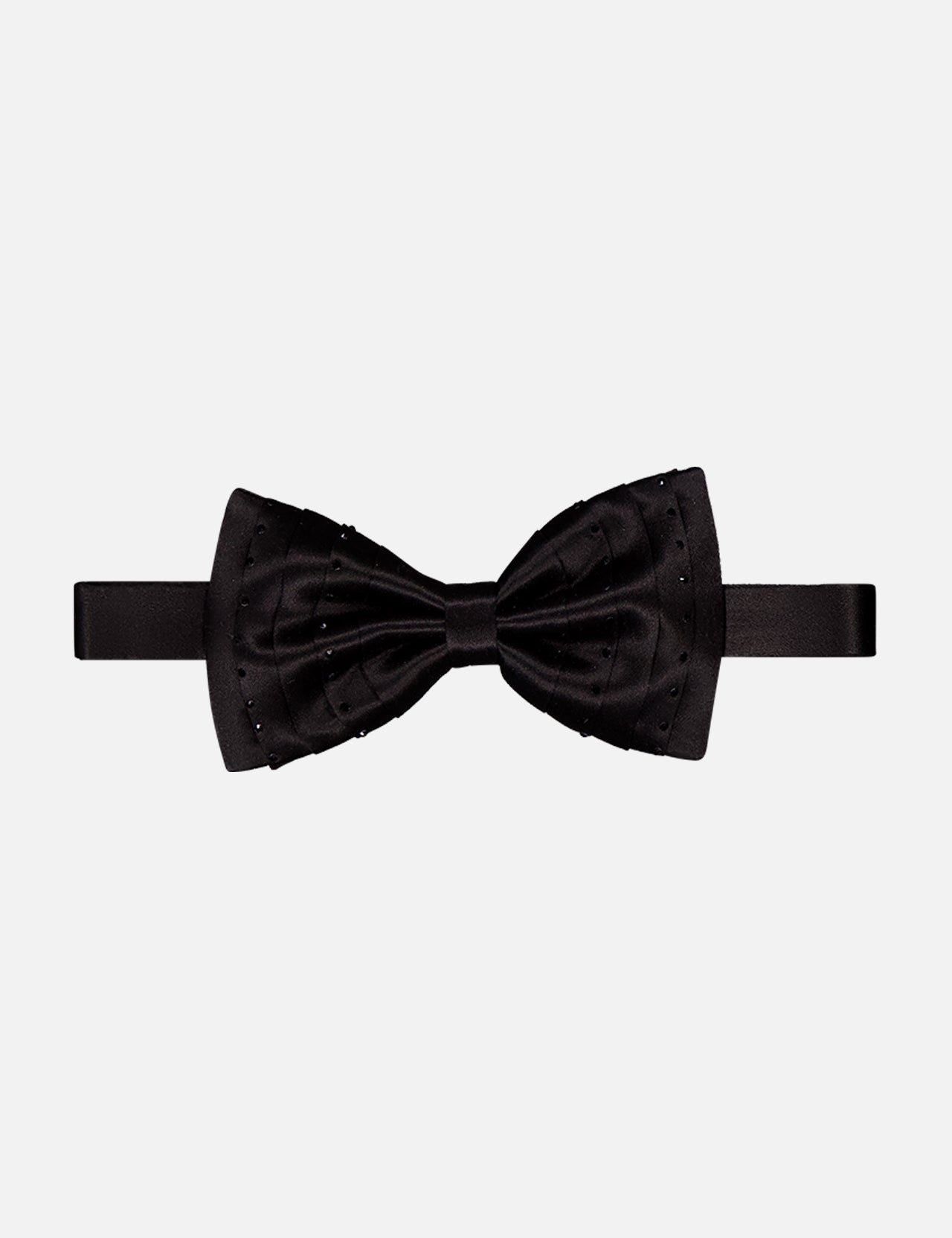 The ITALO FERRETTI Black Crystals Bowtie is handmade in Italy from 100% silk with a satin finish and subtle dotted details, displayed against a plain white background.